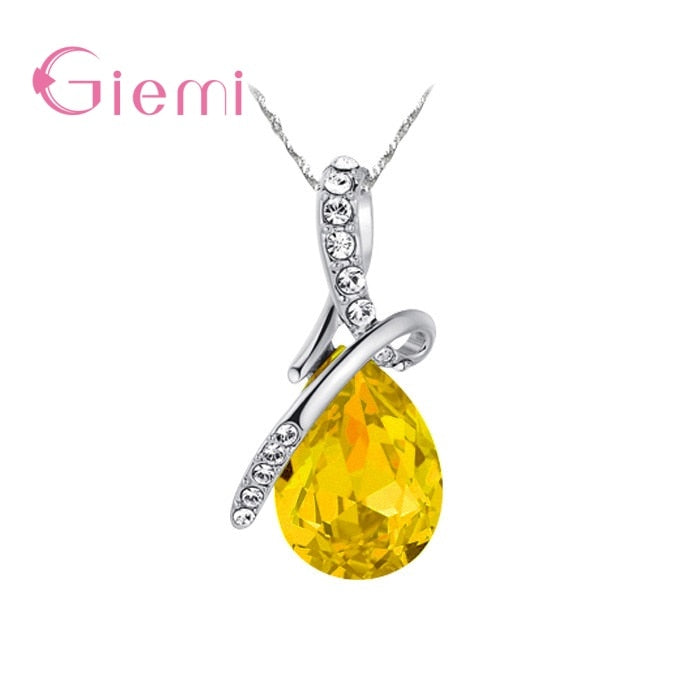 925 Sterling Silver Water Drop Pendant Necklace Quartz Crystal Charm Necklace For Women Fashion Jewelry Gifts