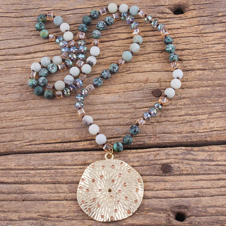 RH Fashion Bohemian Jewelry Natural Stones With Glass Links Crystal Round Pendant Necklaces For Women Boho Gift - Charlie Dolly
