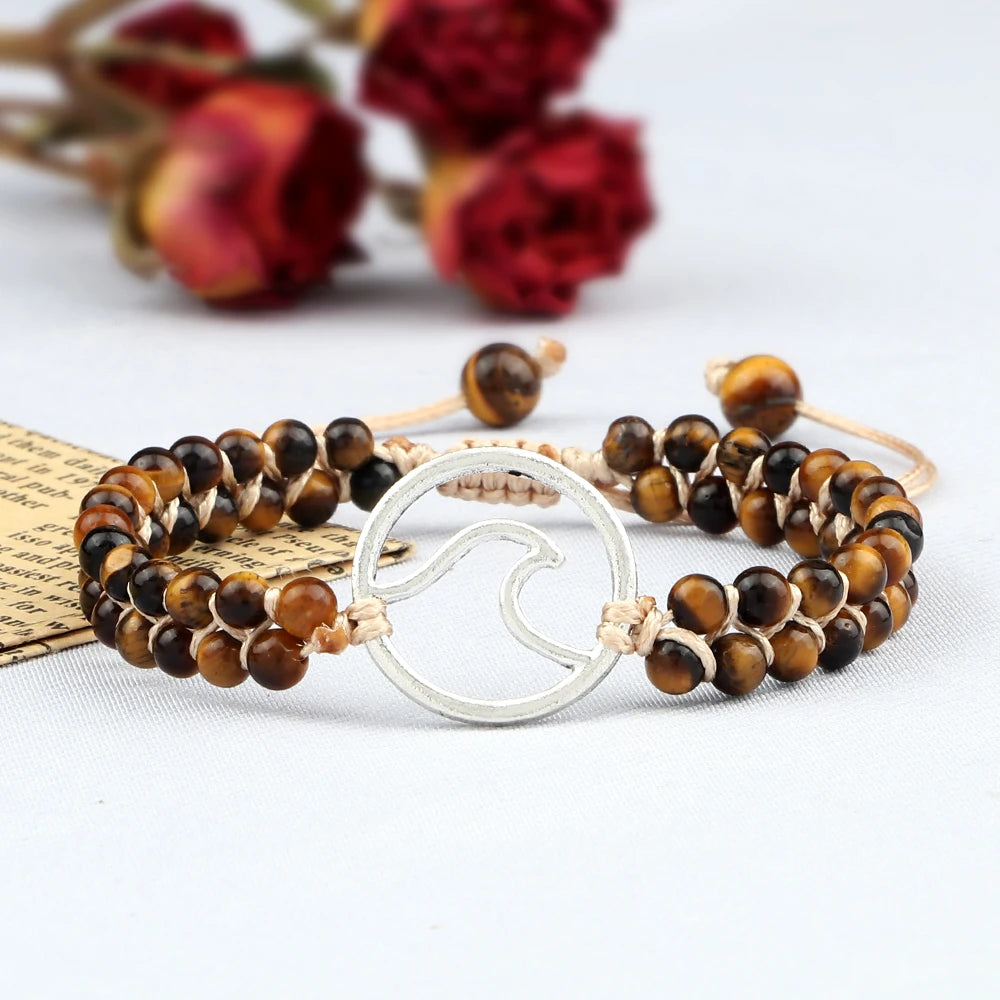 Boho Ocean Waves Bracelets Vintage Natural Stone Black Onyx Tiger Eye Beads Bracelet & Bangle Women Men Yoga Wristchain Jewelry