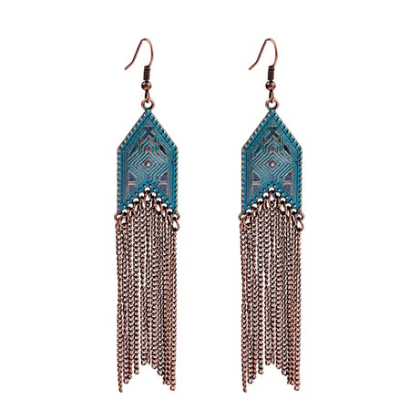 أقراط متدلية مصنوعة من سبائك البرونز العتيق للنساء أقراط Jhumka الهندية ذات سلسلة طويلة بوهو تريبل