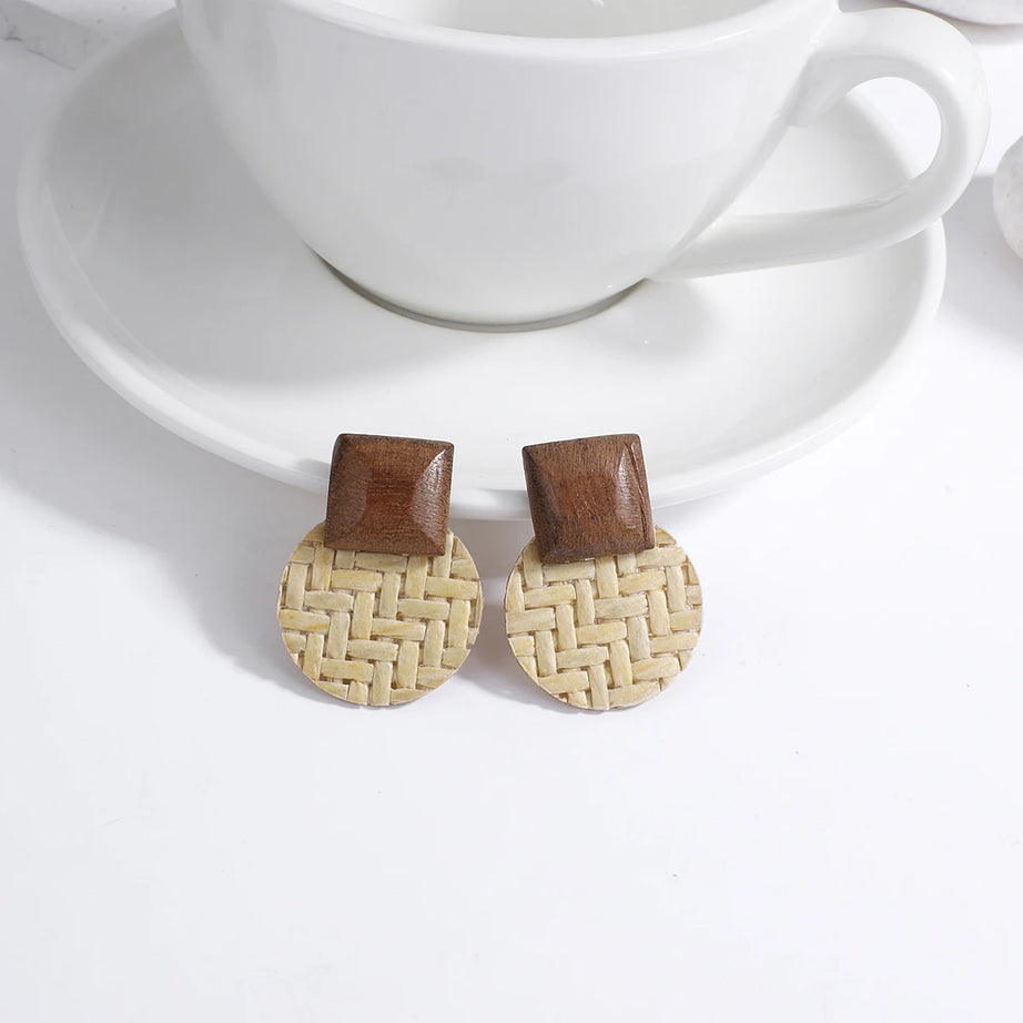 Wooden Rattan Braid Geometric Drop Earrings Jewelry