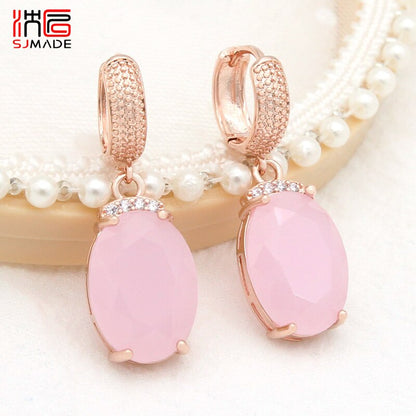 SHENJIANG New Fashion Oval Large Pink Opal Dangle Earrings For Women Wedding Jewelry 585 Rose Gold Color Zirconia Eardrop
