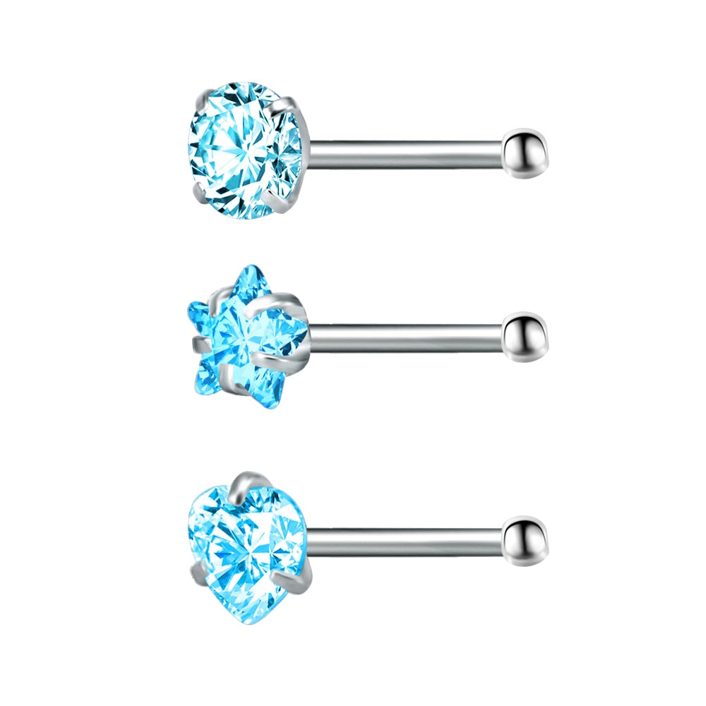 ZS 22g CZ Crystal Nose Studs Sets 12PCS/3PCS Nose Rings Studs Set Stainless Steel Nose Piercing Screws Fashion Nose Septum Rings