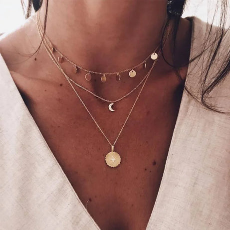 Moon Cross Tree Star Layered Choker Necklace Jewelry