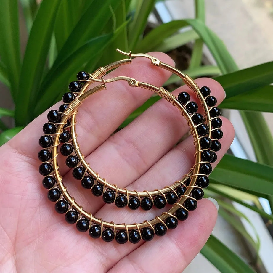 50mm Large Natural Stone Earrings for Women Ear Ring Agates Crystal Gold Plated Stainless Steel Circle Hoop Earring Boho Jewelry - Charlie Dolly