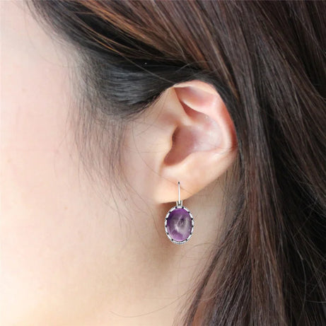 Oval Amethysts Earrings For Women Tibetan Silver Natural Stone Rose Quartz Lapis Lazuli Tiger Eye Fashion Earring - Charlie Dolly