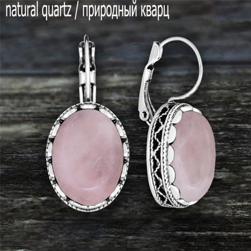 Oval Amethysts Earrings For Women Tibetan Silver Natural Stone Rose Quartz Lapis Lazuli Tiger Eye Fashion Earring