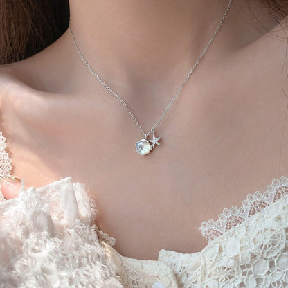 QMCOCO Silver Color Creative Trendy Design Shell Starfish Pendant Necklace For Women Collarbone Chain Biarthday Party Gifts