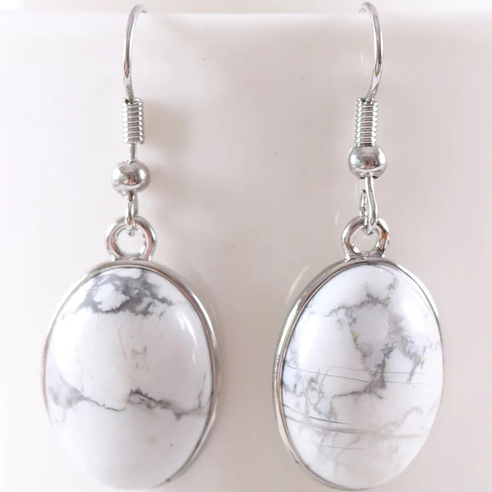 Natural Stone White Opal Howlite Dangle Earrings for Women Gem Blue Lapis Cabochon CAB Oval Beads Drop Earrings