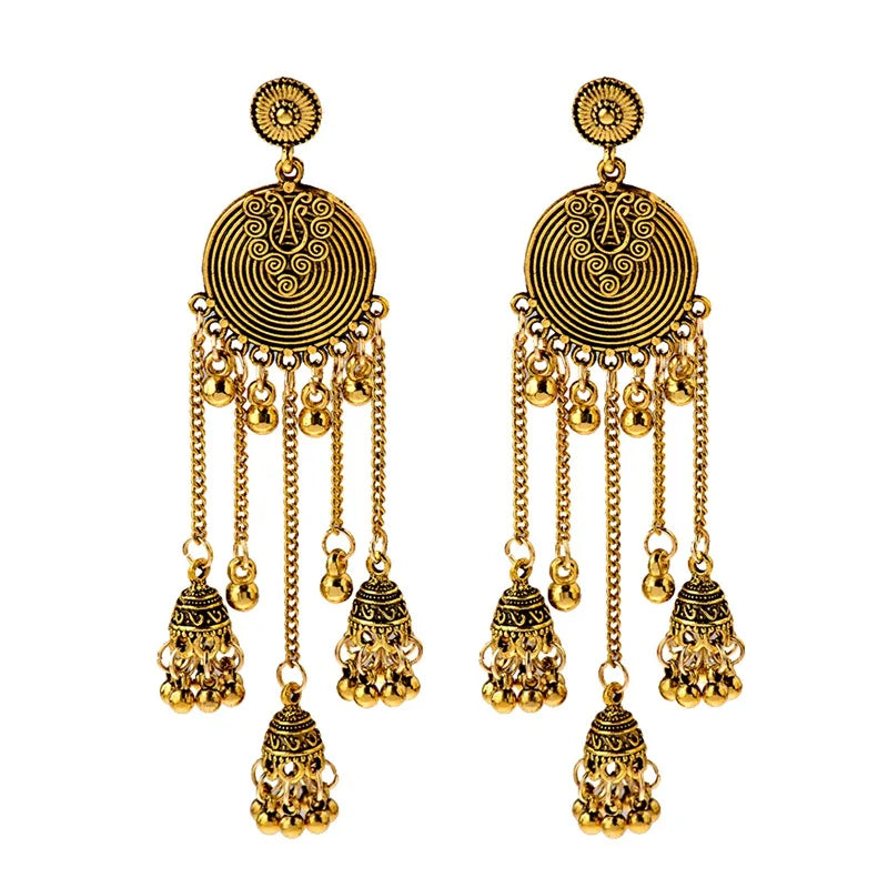 Indian Jhumka Earrings Gold Sliver Color Big Bells Drop Long Tassel Earring For Women Boho Gypsy Jewelry Gift