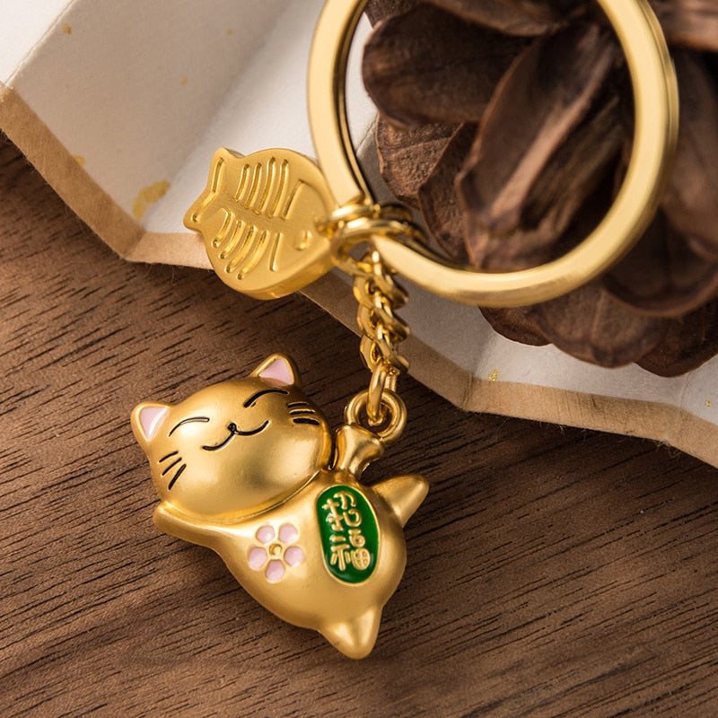 Maneki Neko Japan Lucky Cat Keychain Kawaii Trinkets Alloy Accessory Car Bag Pendant Key Chain Pray Golden Keyfob Couple Gift - Charlie Dolly