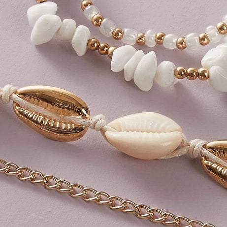 Handmade Shell and Stone Bead Multilayer Boho Anklet Set