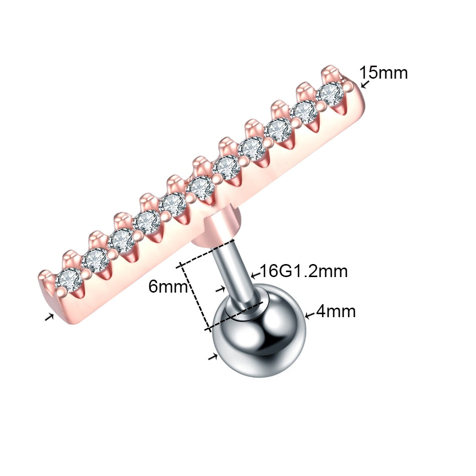 1PC Steel CZ Cartilage Stud Helix Earring Piercings Crystal Rook Tragus Conch Earring Stud Piercings Sexy Women Jewelry 16G - Charlie Dolly