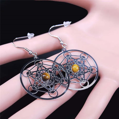 Boho Tiger Eye Metatron Tree Flower of Life Hamsa Hand Sacred Geometry Earring Stainless Steel Natural Stone Earrings Jewelry - Charlie Dolly