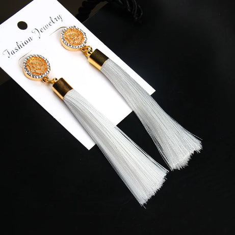 Silk Rose Flower Crystal Long Tassel Earrings Jewelry