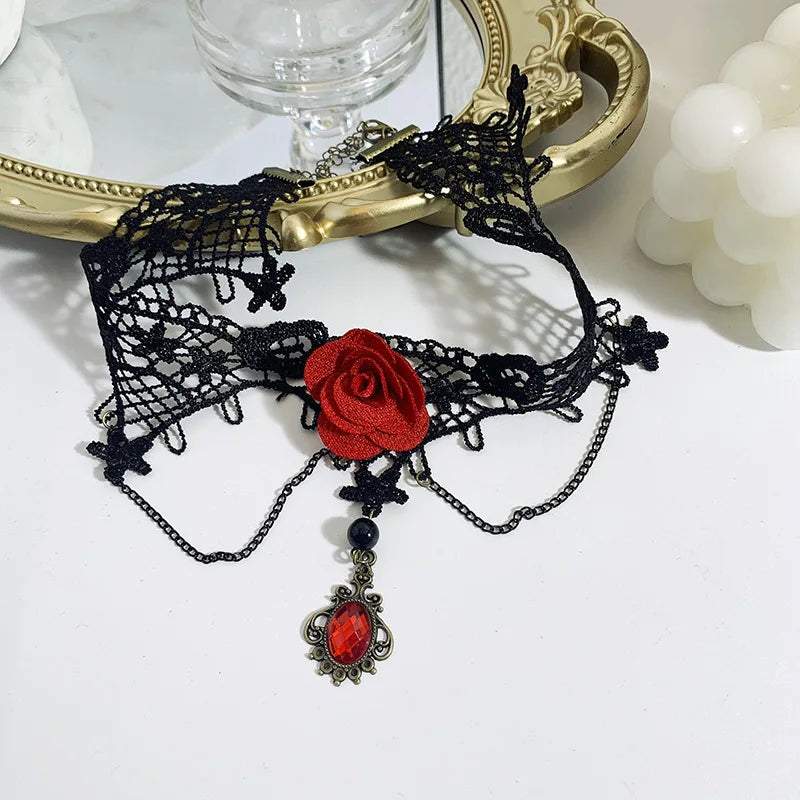 Party Jewelry Gothic Black Beaded Flowers Sexy Lace Neck Choker Necklace Vintage Tassel Chain Women Steampunk Halloween Jewelry - Charlie Dolly