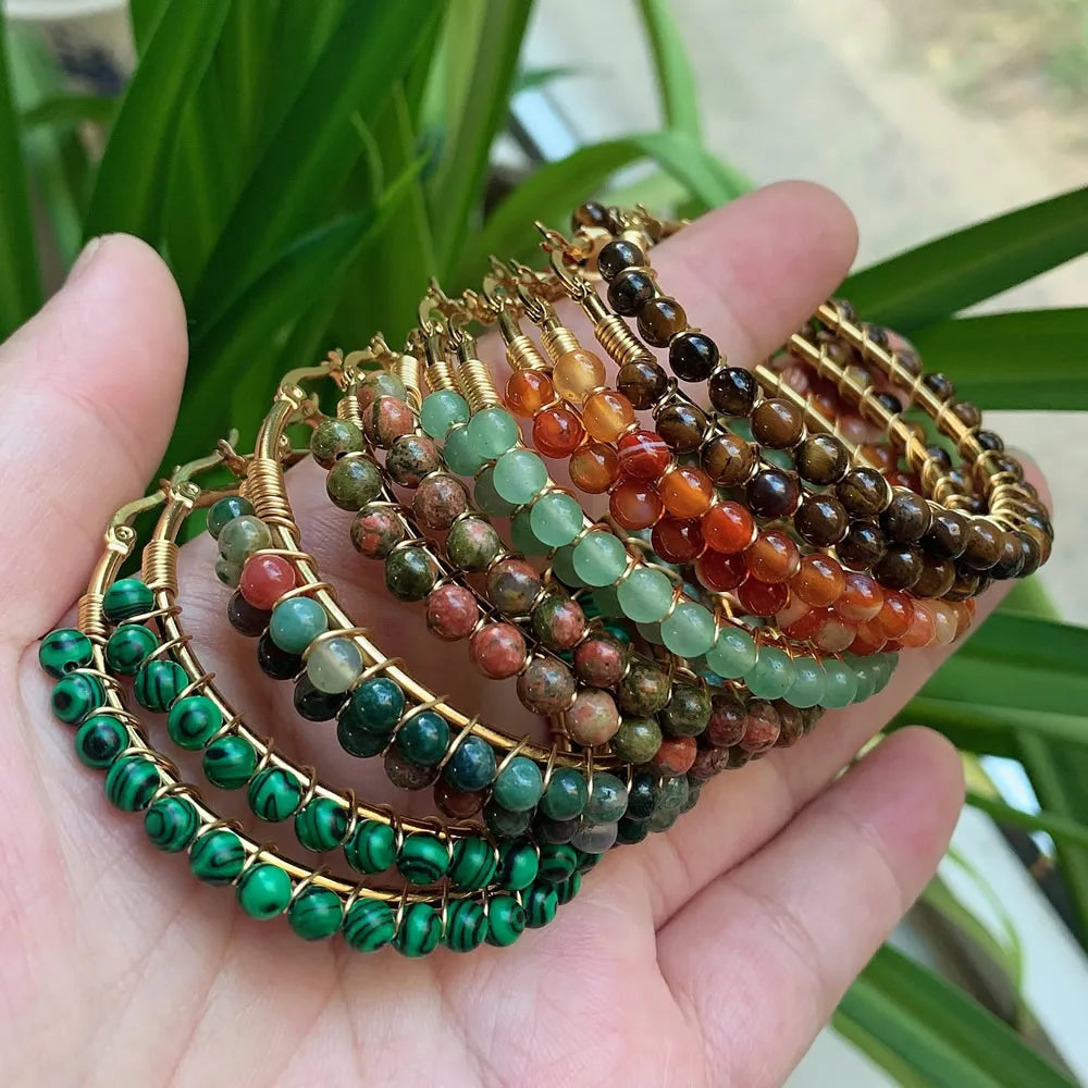 50mm Large Natural Stone Earrings for Women Ear Ring Agates Crystal Gold Plated Stainless Steel Circle Hoop Earring Boho Jewelry