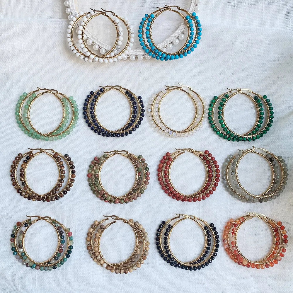 50mm Large Natural Stone Earrings for Women Ear Ring Agates Crystal Gold Plated Stainless Steel Circle Hoop Earring Boho Jewelry
