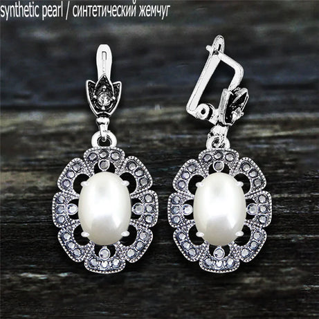 Vintage Plumflower Natural Jades Quartz Earrings For Women Antique Silver Plated Lapis Lazuli Tiger Eye Stone Fashion Earring - Charlie Dolly
