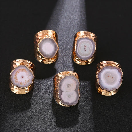 Boho Irregular Natural Stone Agate Slices Sunflower Wide Open Ring for Women Gold Plated Resizable Finger Jewelry - Charlie Dolly