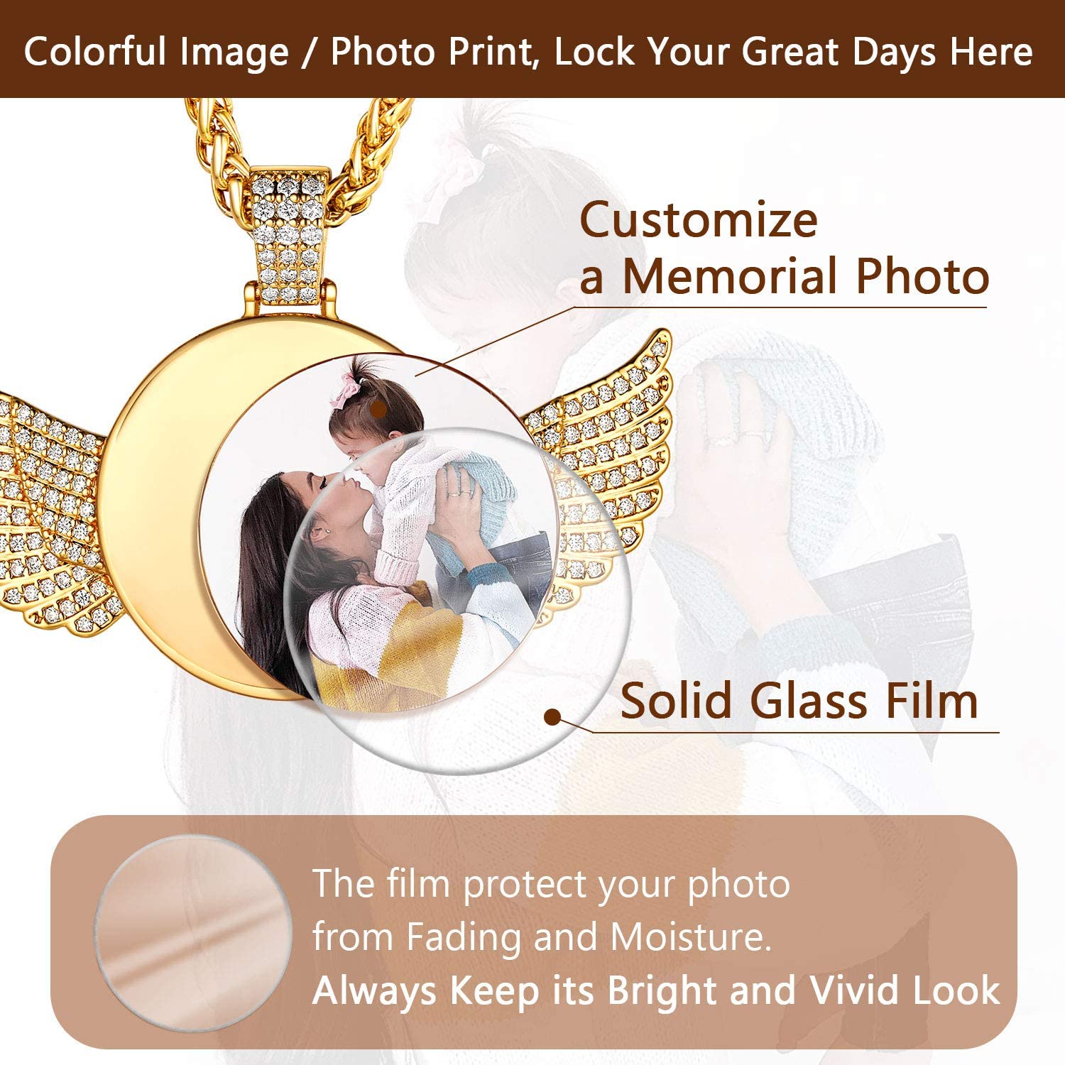 U7 Iced Out Custom Picture Necklace With Wings Bling Jewelry DIY Full CZ Pendant Personalized Hip Hop Necklace for Women Men - Charlie Dolly