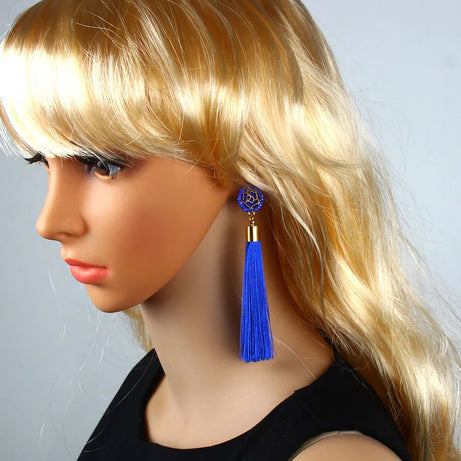 Silk Rose Flower Crystal Long Tassel Earrings Jewelry