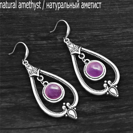 Round Amethysts Drop Earrings For Women Tibetan Silver Natural Stone Rose Quartz Lapis Lazuli Tiger Eye Fashion Dangle Earring - Charlie Dolly