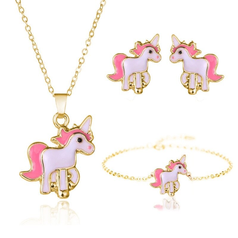 4pcs/set Necklace Earrings Cartoon Unicorn Necklace Earring Jewelry Pink Girls Gift Jewelry Jewelry  Earring and Necklace Set - Charlie Dolly