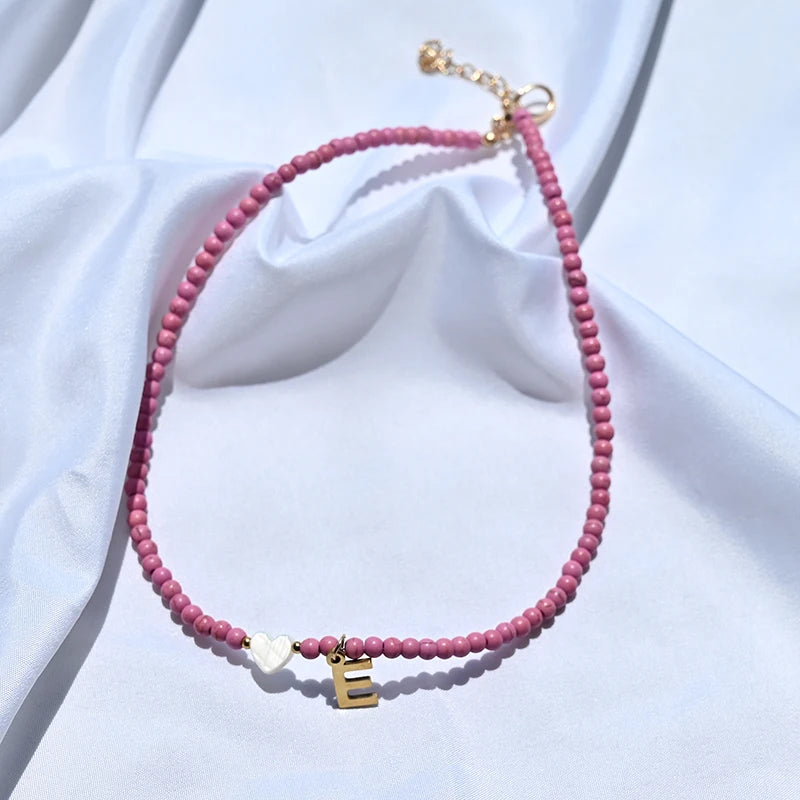 Colorful Beads Initial Choker for Women Stainless Steel Letter Pendant Necklace Fashion Shell Heart Jewelry Boho Accessories