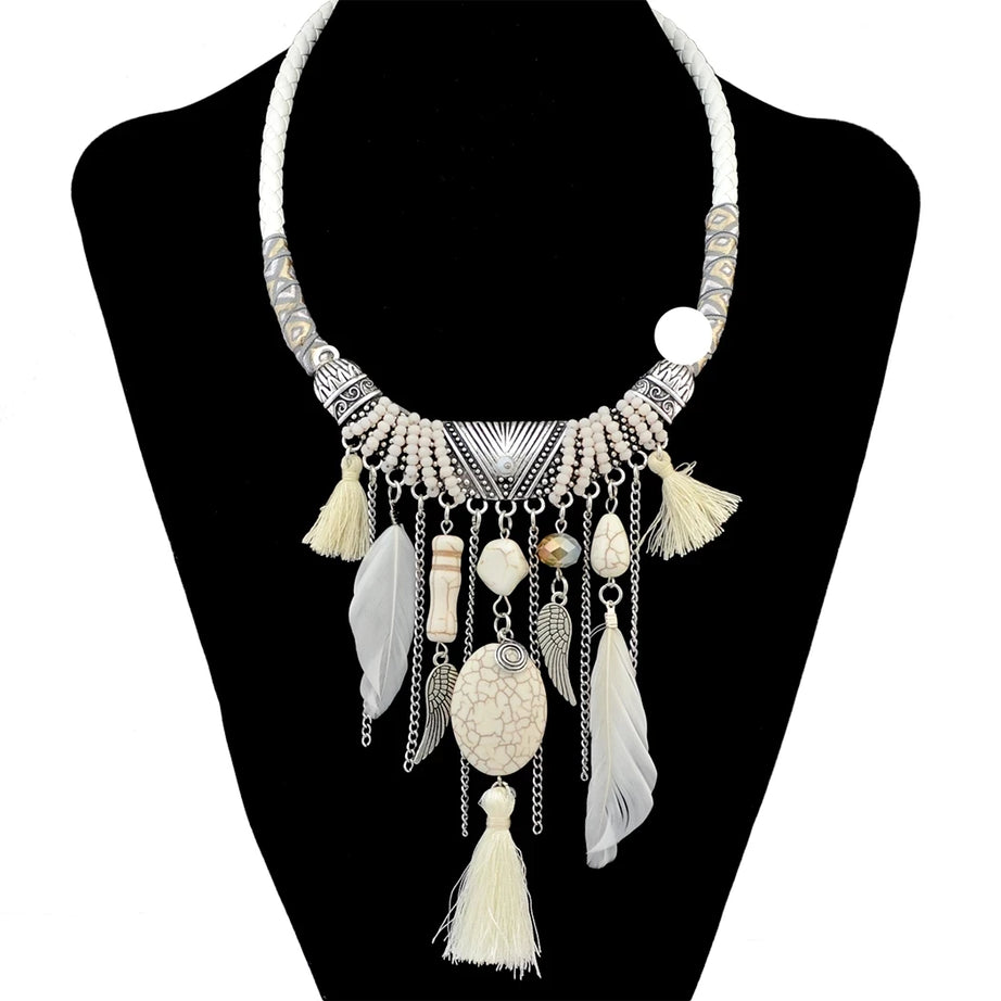 Thread Feather Bead Long Tassel Necklace Jewelry