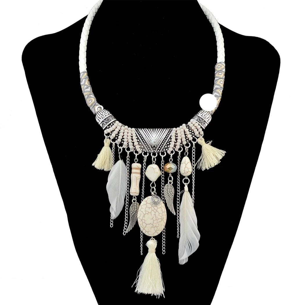 Thread Feather Bead Long Tassel Necklace Jewelry