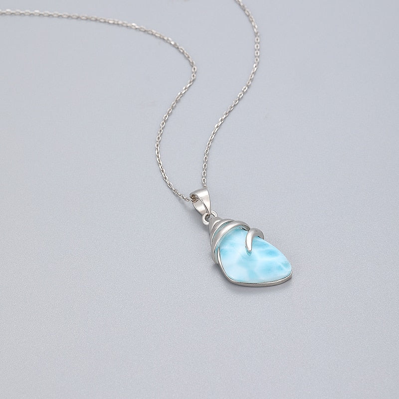 Shell Design 925 Sterling Silver Jewelry Gifts Classic Retro Precious Natural Larimar Pendant Necklace - Charlie Dolly