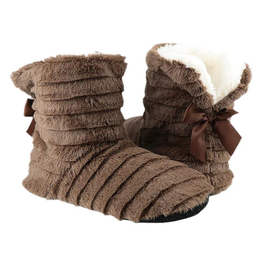 Women Fur Slippers Winter Butterfly Knot Plush Warm Indoor Slippers house Home sock slippers with Soles Antiskid boots slippers - Charlie Dolly
