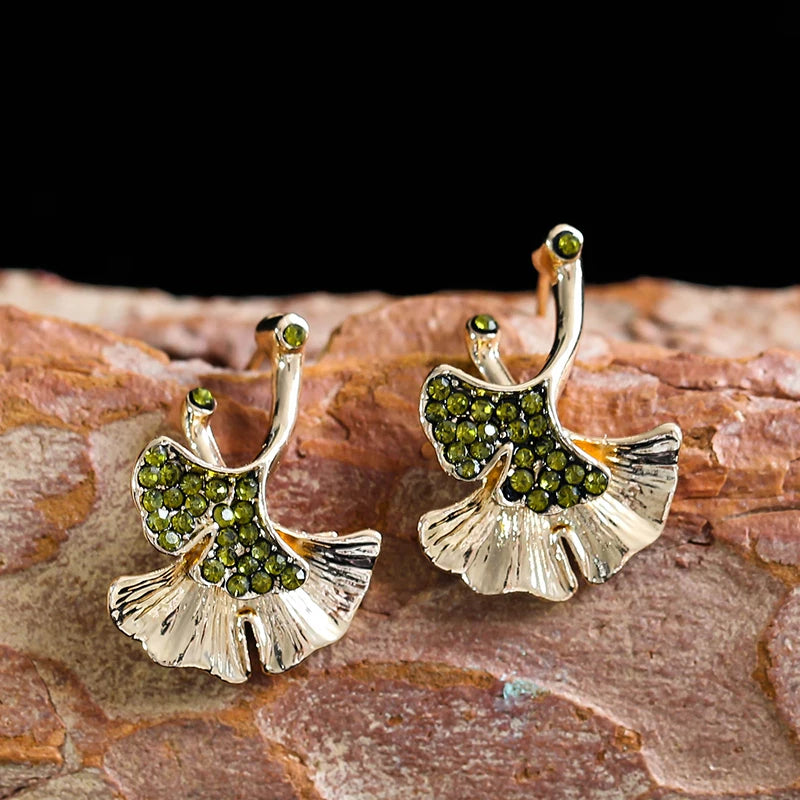 Boho Gold Color Earrings Green Crystal Ginkgo Biloba Double Leaves Drop  for Women Fashion Fine Jewelry O3D274