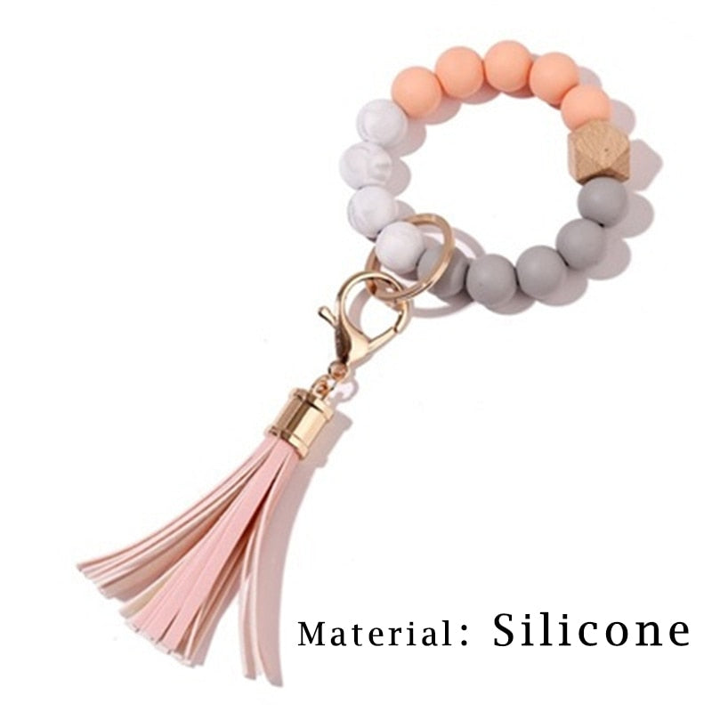 Silicone Keyring For Women Tassel Wood Beads Bracelet Keychain For Keys Multicolor Keychain Wholesale Accessories - Charlie Dolly