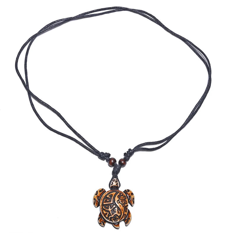 Sea Turtle Bone Pendant Wax Cord Necklace Jewelry