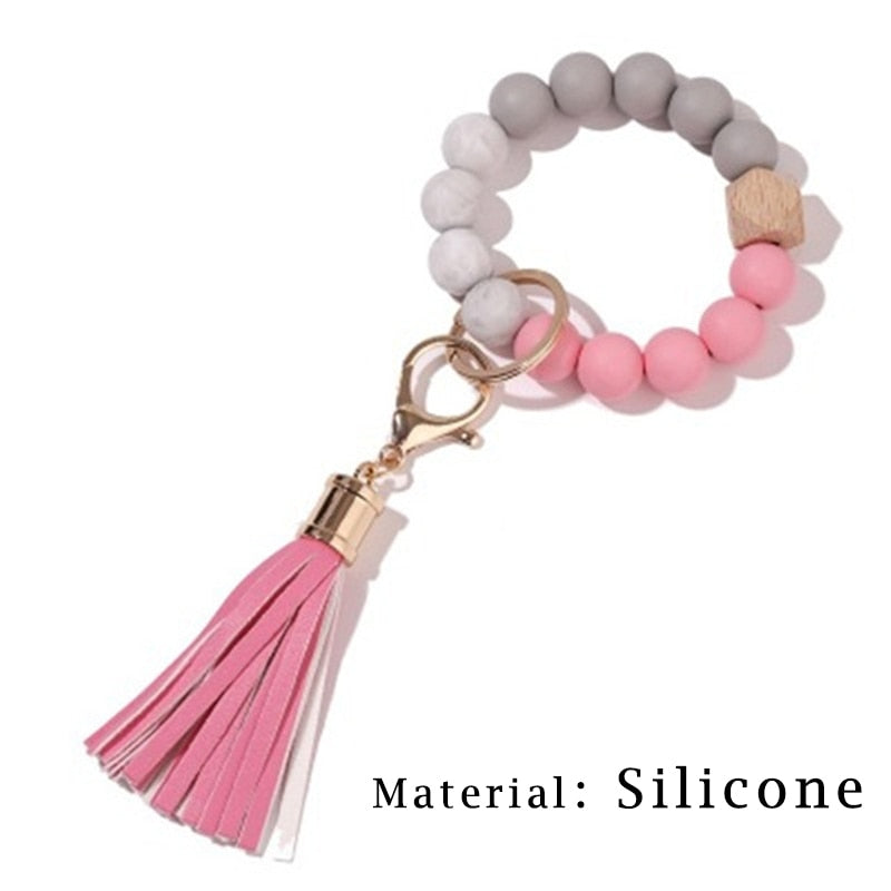 Silicone Keyring For Women Tassel Wood Beads Bracelet Keychain For Keys Multicolor Keychain Wholesale Accessories - Charlie Dolly