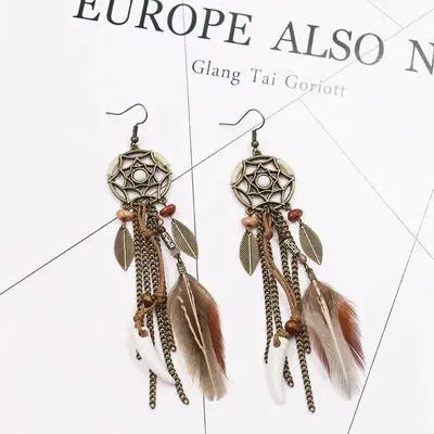Round Retro Women's Dream Catcher Handmade Long Tassel Feather Earrings Female Leaves Pendant Earring Kolczyki Boho Jewelry