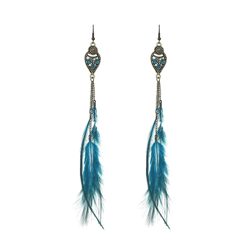 Boho Long Retro Feather Exaggerated Earrings Women Thailand Indian Drop-shaped Rhinestone Chain Tassel Earrings Wedding  Jewelry