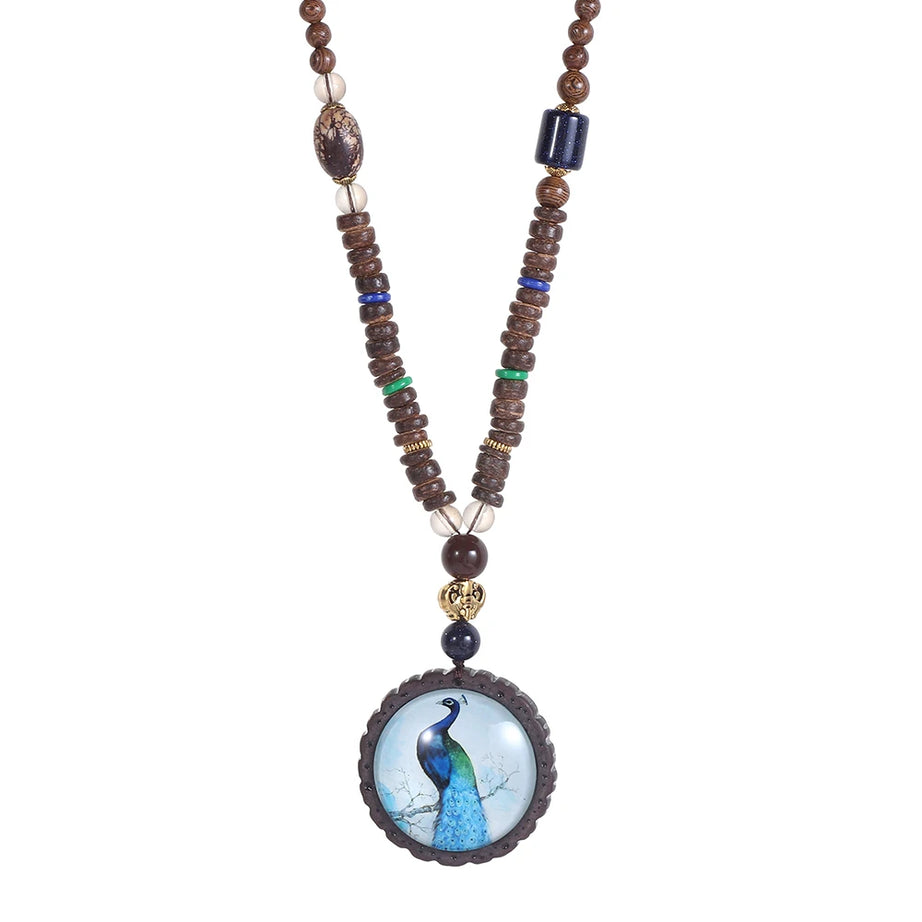 Nepal Wood Bead Pendant Long Necklace Jewelry
