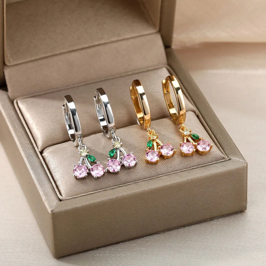 Pink Crystal Cherry Fruit Drop Earrings Jewelry