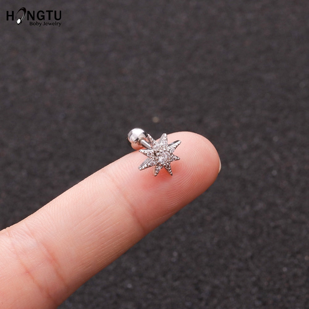 HONGTU 1PC Copper Flower Heart Moon Zircon Tragus Ear Piercing Surgical Steel Shaft Bar Daith Earrings Helix Cartilage Studs 16g - Charlie Dolly
