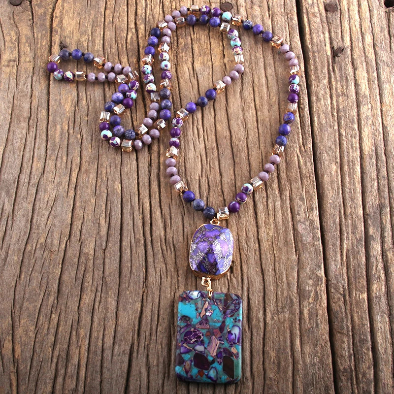 RH Fashion Bohemian Jewelry Natural Stones Crystal Stone Knotted Semi Precious Stone Boho Multi Pendant Necklace Women Gift