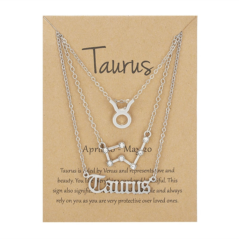 3Pcs/set 12 Zodiac Sign Necklace For Women 12 Constellation Pendant Chain Choker Birthday Jewelry With Cardboard Card - Charlie Dolly