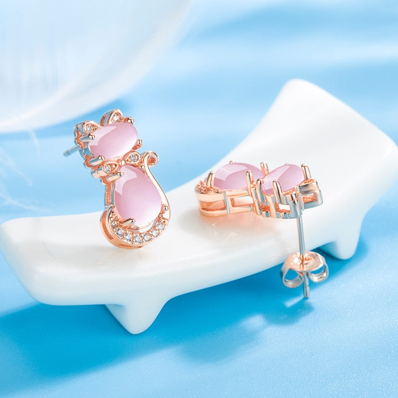 HuiSept Trendy 925 Silver Earrings Cat Shape Pink Rose Quartz Zircon Gemstones Jewelry Stud Earrings for Women Wedding Wholesale - Charlie Dolly