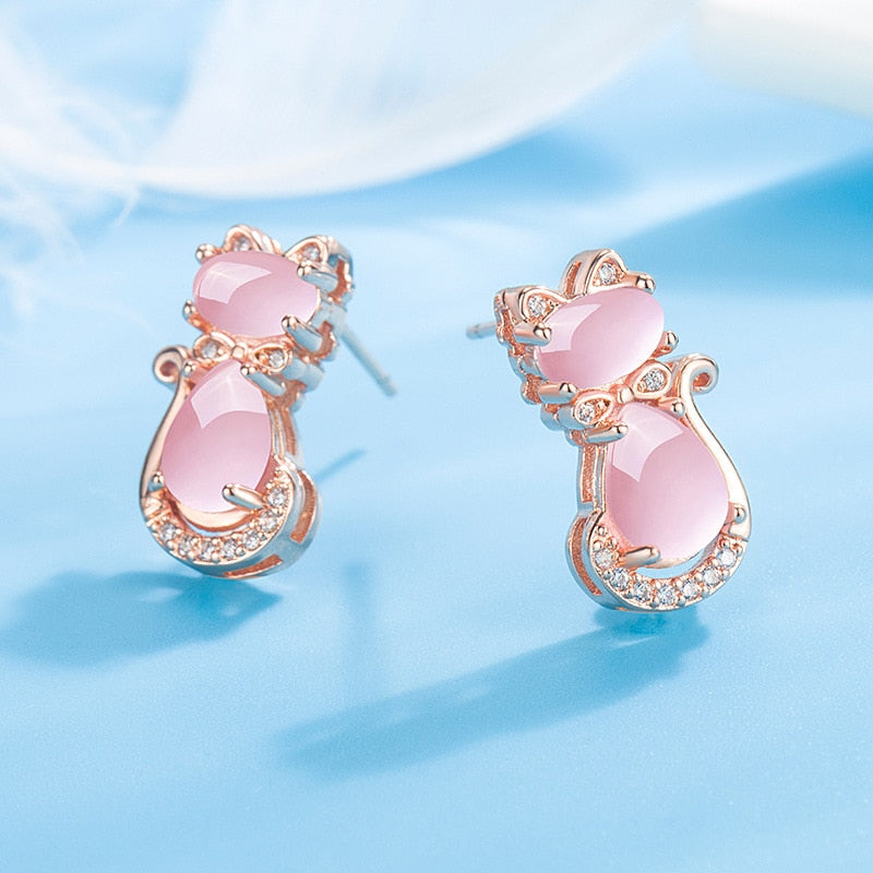 HuiSept Trendy 925 Silver Earrings Cat Shape Pink Rose Quartz Zircon Gemstones Jewelry Stud Earrings for Women Wedding Wholesale - Charlie Dolly