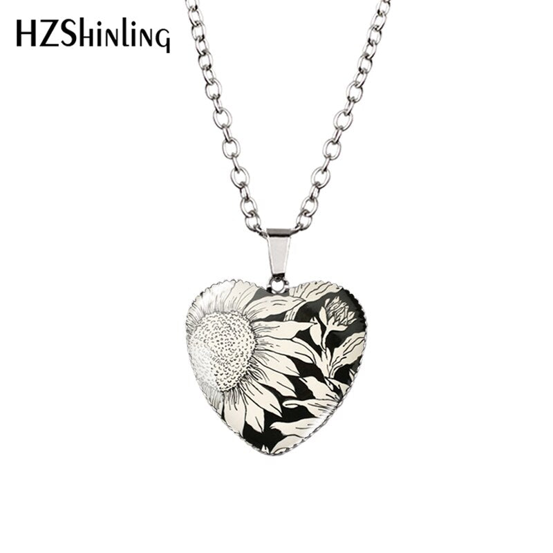 Sunflower Heart Necklace Yellow Sunflower Pendant Glass Picture Jewelry Fashion Heart Necklace HZ3