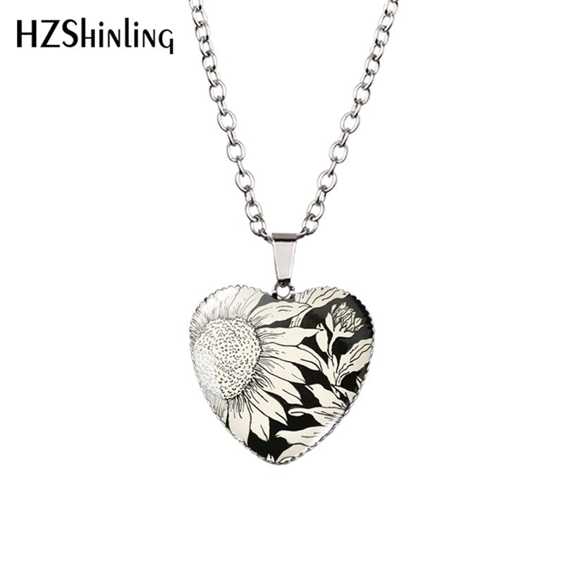 Sunflower Heart Necklace Yellow Sunflower Pendant Glass Picture Jewelry Fashion Heart Necklace HZ3 - Charlie Dolly