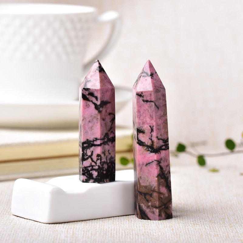 1pc Natural Quartz Point Rhodonite Healing Obelisk Pink Stone Wand Rhodochrosite Ornament for Home Decor Energy Stone Pyramid - Charlie Dolly