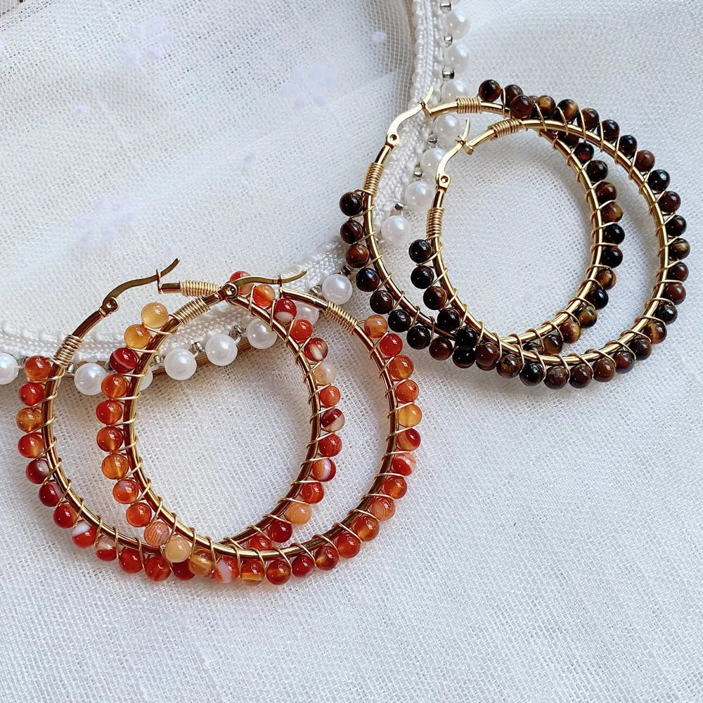 50mm Large Natural Stone Earrings for Women Ear Ring Agates Crystal Gold Plated Stainless Steel Circle Hoop Earring Boho Jewelry